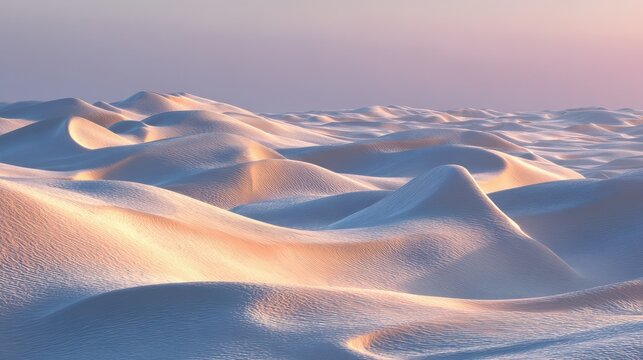 Soft rolling sand dunes with smooth organic patterns under diffused sunset.