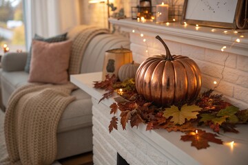 Cozy living room with copper metallic pumpkin and autumn leaves on fireplace mantel, warm fall or Halloween home decor
