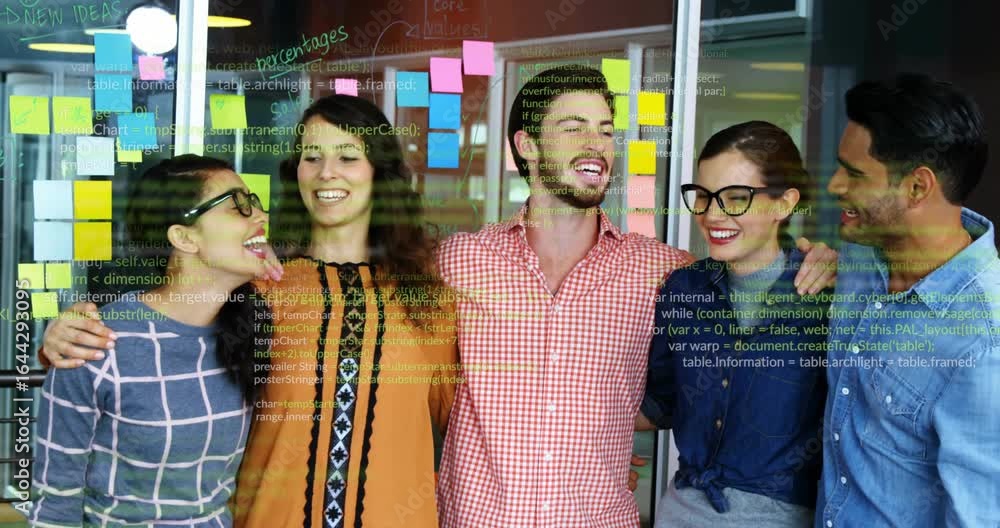 Poster business team placing arms around shoulders and smiling with sticky notes, holding unity pose
