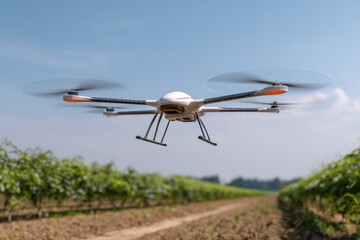 Solar drone flying above farmland in bright daylight.