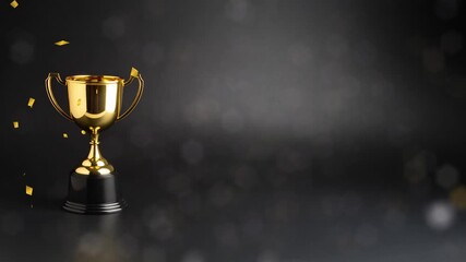 Golden champion trophy cup with falling confetti animation on a dark background. Concept of success, victory, and award achievement. Celebration background with ample copy space for text.