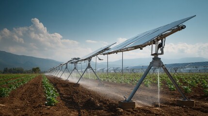 Solar-powered irrigation system in field, clear sky, sustainability concept.