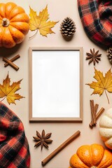 Fall in love with autumn: top view showcasing empty photo frame, plaid, pumpkins, golden maple leaves, pine cone, cinnamon, anise on beige backdrop. Promote effectively with this enchanting scene