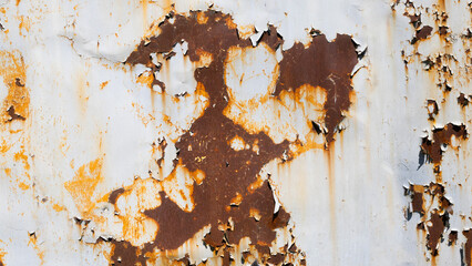 Peeling paint reveals rusty underlayers on an old wall, showcasing nature's textures and colors...