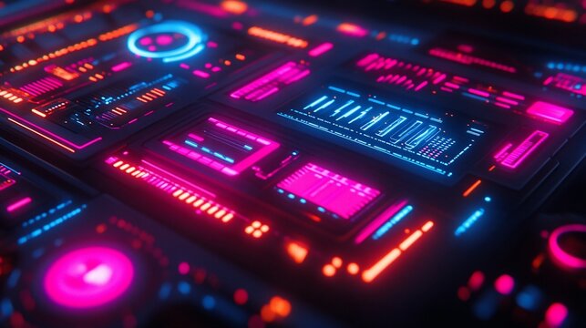 Futuristic digital interface panel with glowing neon lights