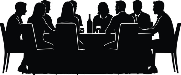 Vector art of silhouette of a business meeting around a table isolated on white background