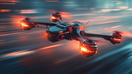Obraz premium Futuristic drone in motion, urban night setting. Blazing red light trails blur city background