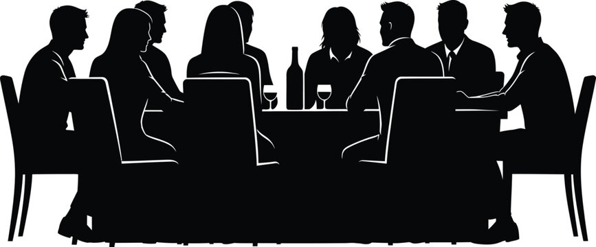 Vector art of silhouette of a business meeting around a table isolated on white background