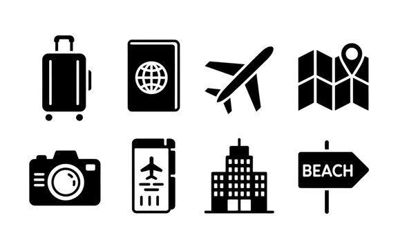 Black and White Travel Icon Set for Travel Agency Promotion or Tour Guide App Design with Suitcase Passport Airplane Camera and Beach Sign