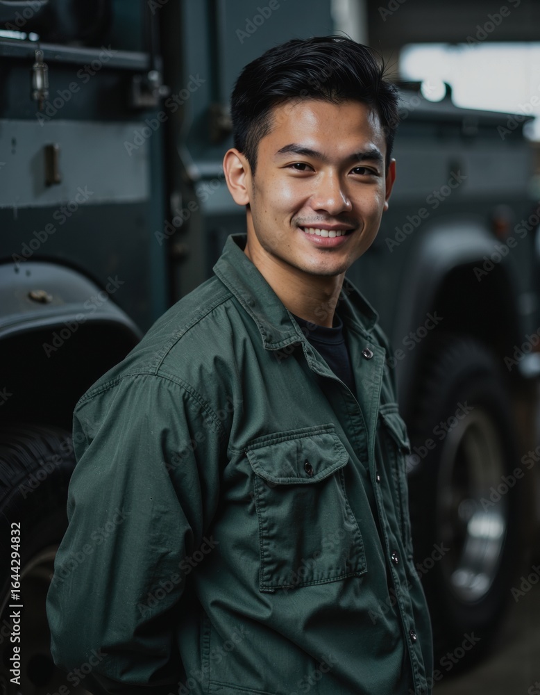 Poster tire service technician smiling while mounting wheel assemblies in a workshop