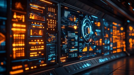 Fototapeta premium Futuristic wall-mounted control panels with glowing orange and blue displays. Detailed, high-tech interface with various data visualizations