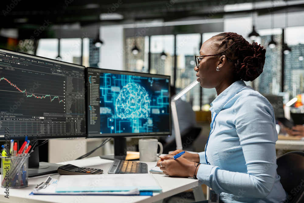 Poster Proprietary firm expert in office using machine learning models to enhance predictive accuracy of stock market movements. Trader leveraging AI to optimize trading strategies and reduce manual workload
