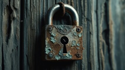 Rusted padlock on weathered wood