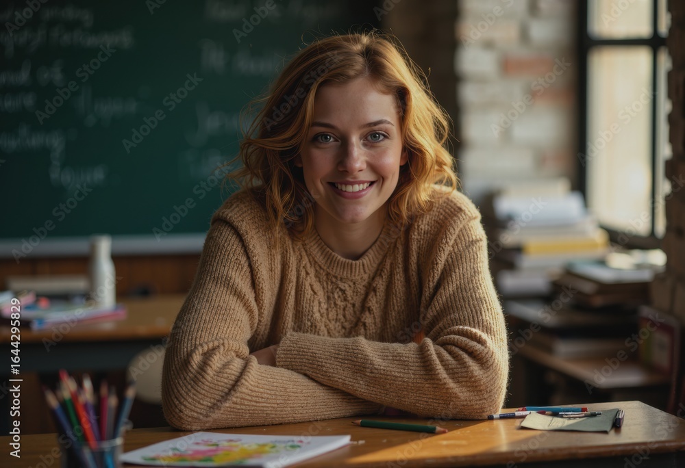 Poster teacher smiling in a classroom during an engaging conversation with students