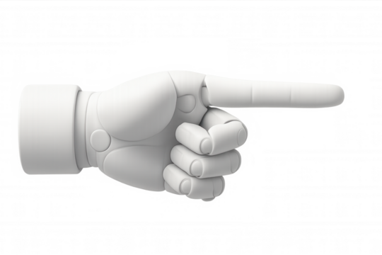 3d rendering of a white robotic hand pointing its index finger to the right side, isolated on a transparent background