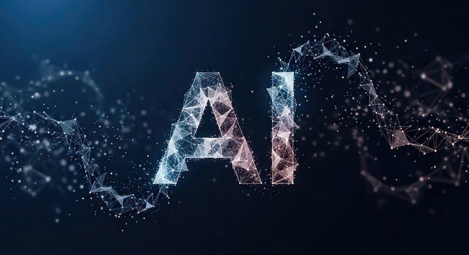 Futuristic Neon AI Letters with Glowing Digital Brain and Particle Network – Artificial Intelligence Technology Background