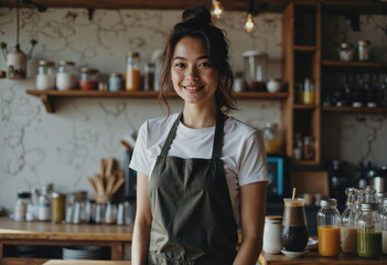 Juice bar attendant smiling at wooden counter with fresh beverages