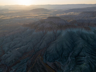 Aerial view of the colorful and textured hills of Nallıhan, Turkey, at sunset. Unique erosion...