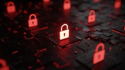 Supply chain security risks concept. A glowing padlock icon surrounded by red padlocks on a digital interface, symbolizing cybersecurity and data protection.