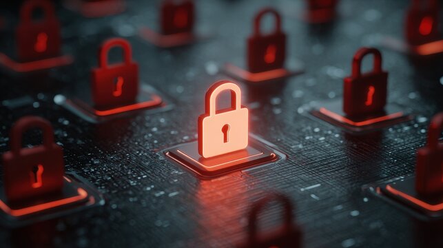 Supply chain security risks concept. A glowing padlock icon surrounded by red padlocks on a digital interface, symbolizing cybersecurity and data protection.