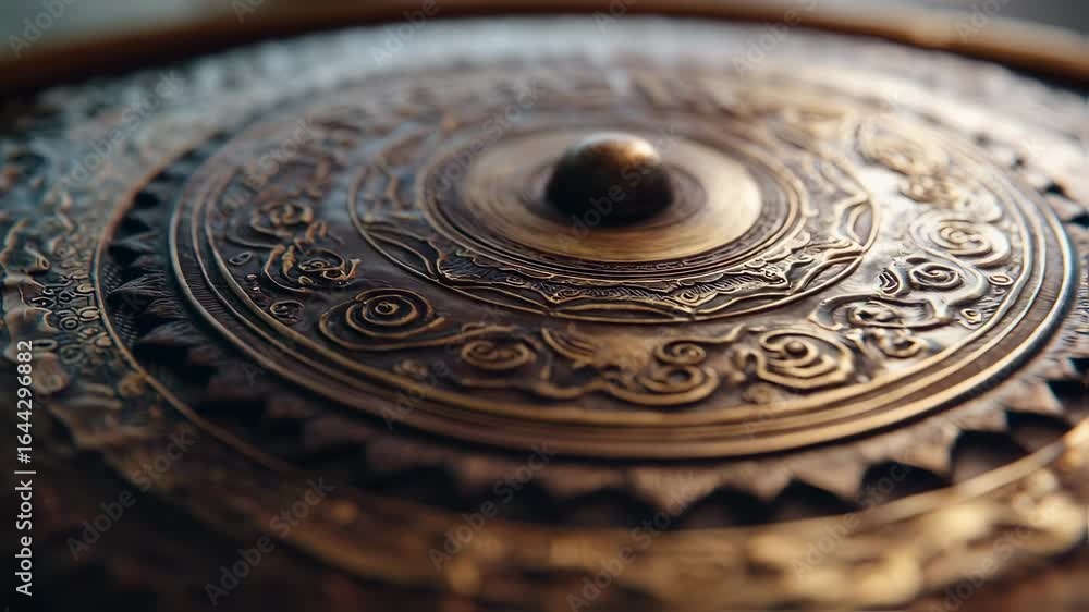 Poster closeup medium shot of a resonant gong dome crafted with intricate patterns sharply focused while th