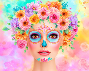 Fototapeta premium Watercolor Catrina — Día de los Muertos in Neon.