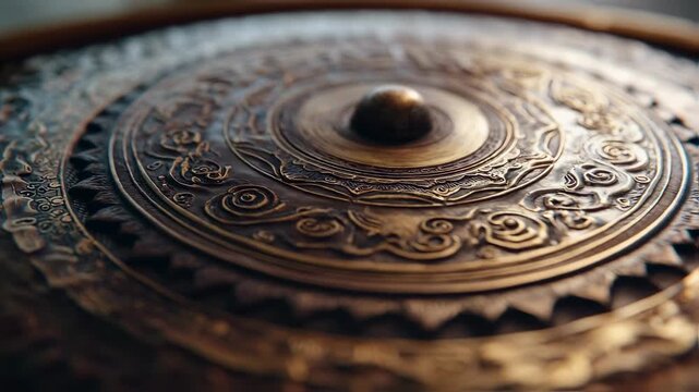 Closeup medium shot of a resonant gong dome crafted with intricate patterns sharply focused while the ambient space softly fades into a tranquil blur.