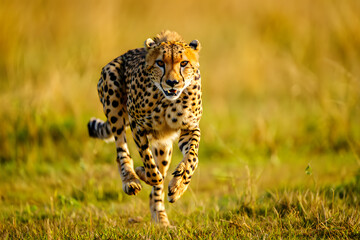 Cheetah running through golden grass wild animal savanna