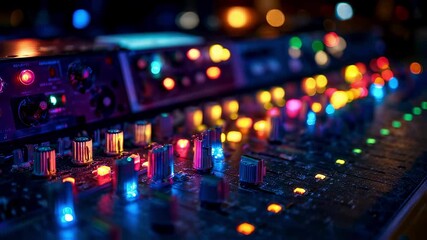 Detailed view of multicolored LEDs blinking rhythmically on a sound engineers mixing console while amps and compressors glow warmly in a dark live music venue.