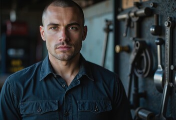 Metal fabricator posing confidently near an unbranded tool rack