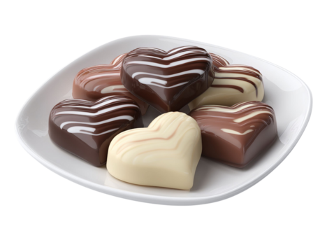 PNG of A delightful assortment of heart-shaped chocolates in dark, milk, and white varieties, perfect for sweet occasions.