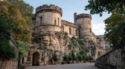 The exterior of Nottingham Castle, with its tall stone walls and towers, standing as a testament to centuries of history.