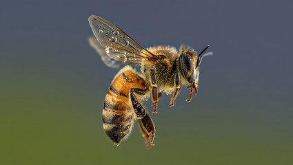 Detailed Close Up of a Honey Bee Flying with Water Droplets on its Wings and Body in a Blurred Background