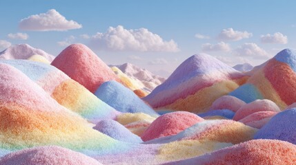 The magical colors of a pastel candy landscape, with cotton candy hills and a rainbow of sweets forming the terrain.