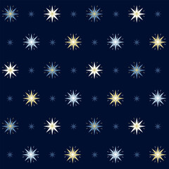 Christmas stars seamless pattern. Blue starry vector background. Night sky geometric magic wrapping paper decoration