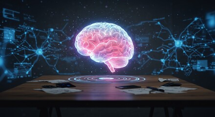A table with a computer mouse and a brain model showing glowing hologram of a brain rotating above a desk, surrounded by neural network diagrams