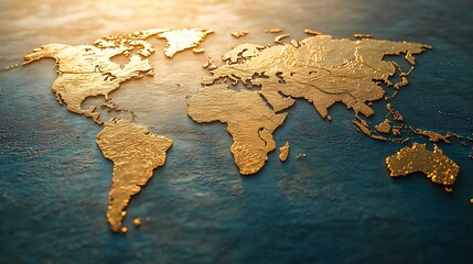 Golden world map on a dark surface.  Sunlit, textured gold continents on a navy blue, textured background