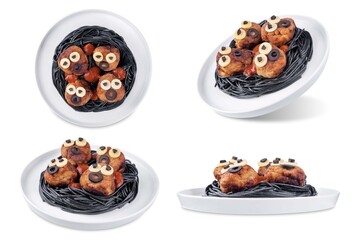 Meatballs with black pasta in the plate for Halloween on a white isolated background
