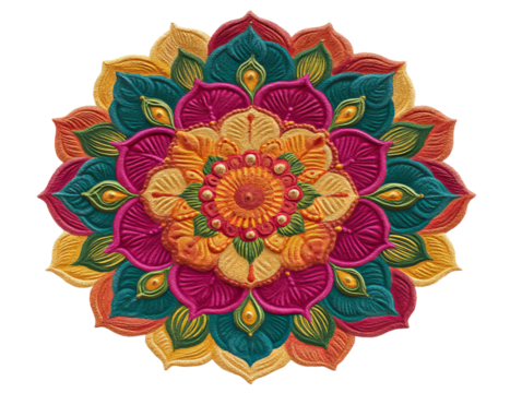 PNG of Intricate mandala design featuring vibrant colors and floral motifs, showcasing symmetry and artistic elegance.
