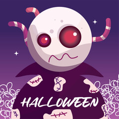 Colored spooky halloween poster Zombie with worms on head Vector