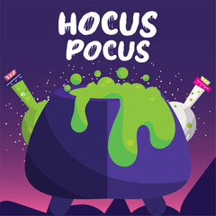 Colored spooky halloween poster Isolated witch cauldron with potions Vector