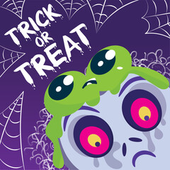 Colored spooky halloween poster Trick or treat witch with toad on head Vector