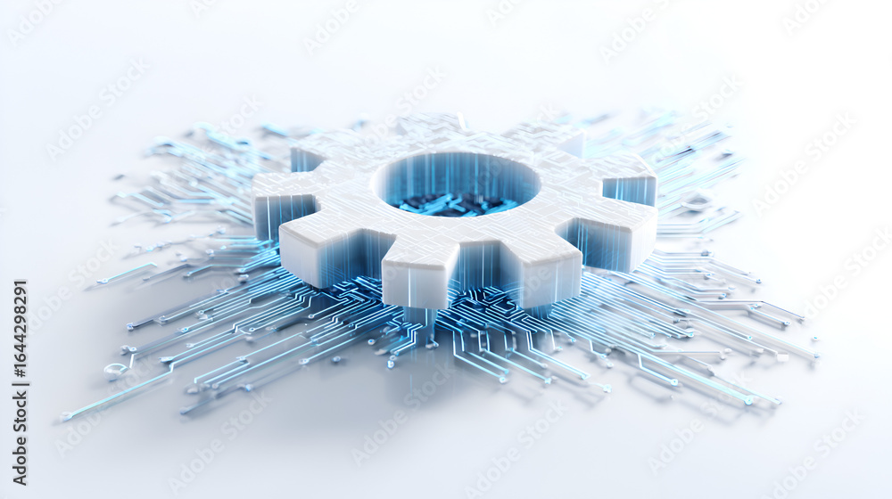 Aufkleber white three dimensional gear with blue digital circuitry on white background: a detailed 3d render o
