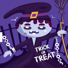 Colored spooky halloween poster Trick or treat witch character Vector