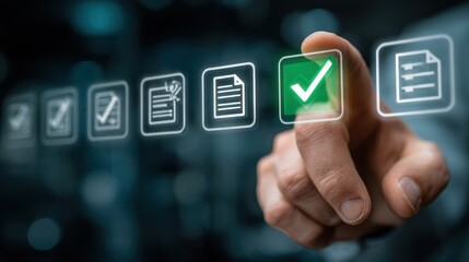 Human finger touches digital check mark icon on virtual touchscreen representing approval or agreement