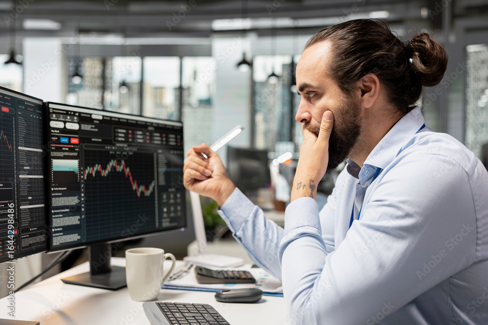 Poster upset trader in prop firm office feeling dejected after losing money while executing trades using tr
