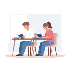 Two kids writing at desk in classroom, concentrating on assignment. Kids writing during a lesson for studying and practicing.