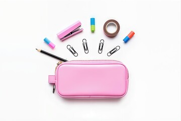Back to school concept. Top view photo of stationery diaries pen ruler clips mini stapler and adhesive tape on isolated pastel background with copyspace
