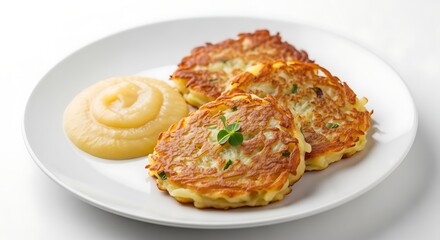 A delicious and appetizing serving of potato pancakes with a side of applesauce, beautifully presented on a white plate