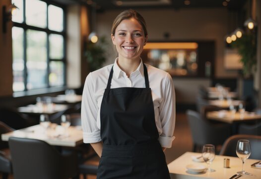 Restaurant server smiling while taking orders in a cozy dining room